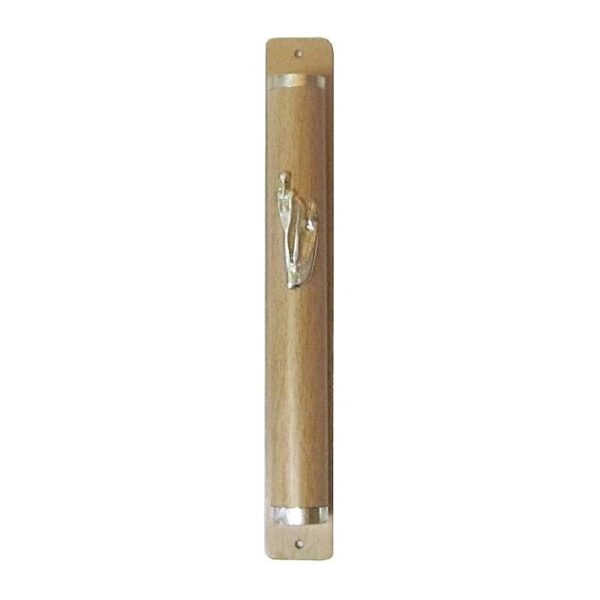 Light Wood Trim - Aluminum Mezuzah Case with Silver Shin - 10cm