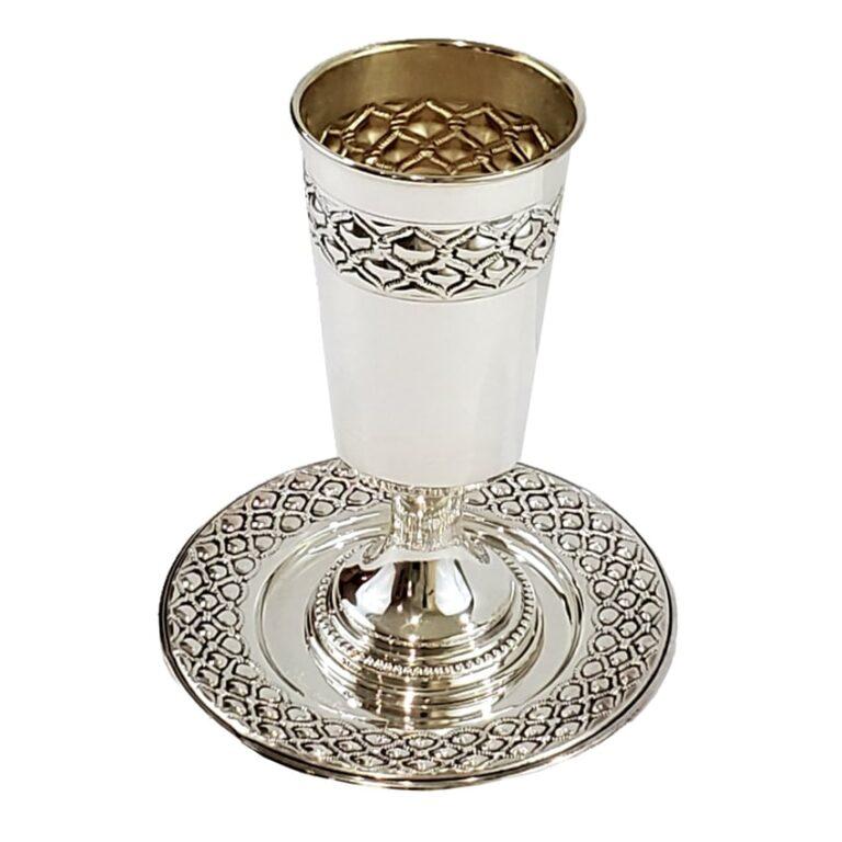 Silver Shabbat kiddush cup set with matching saucer plate