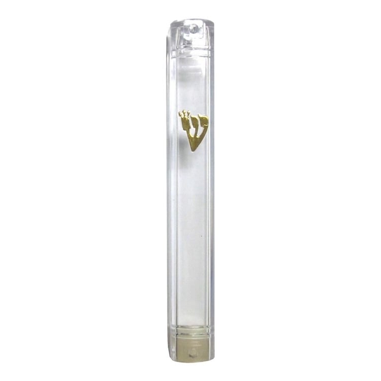 Waterproof clear acrylic mezuzah case with gold shin