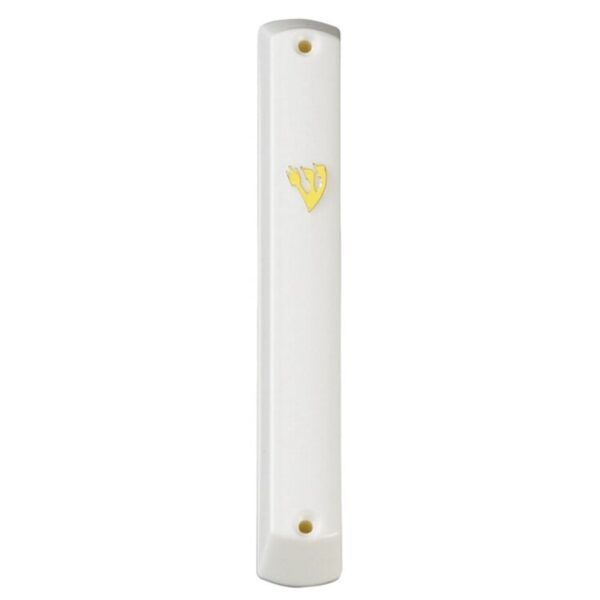 White plastic mezuzah case with gold shin