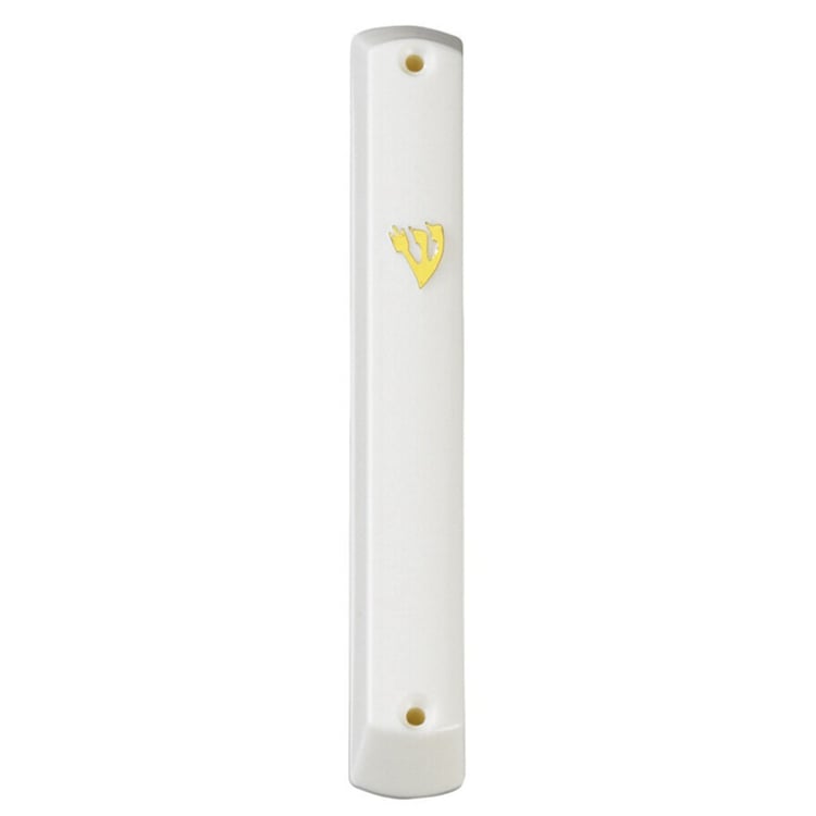 White plastic mezuzah case with gold shin