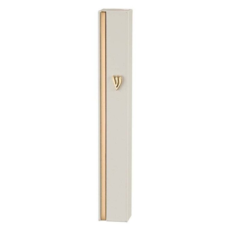 Golden White Mezuzah Case with Metal Shin - 12cm
