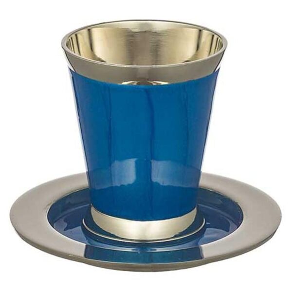 Decorative Blue Aluminum Kiddush Cup with Saucer
