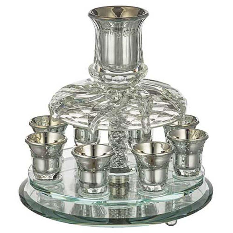 Silver Crystal Kiddush Wine Fountain Set with 8 cups