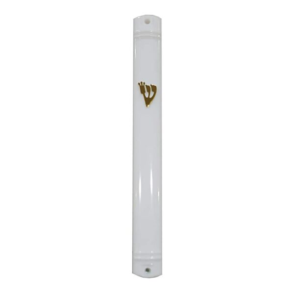White plastic waterproof 15cm mezuzah case with gold shin