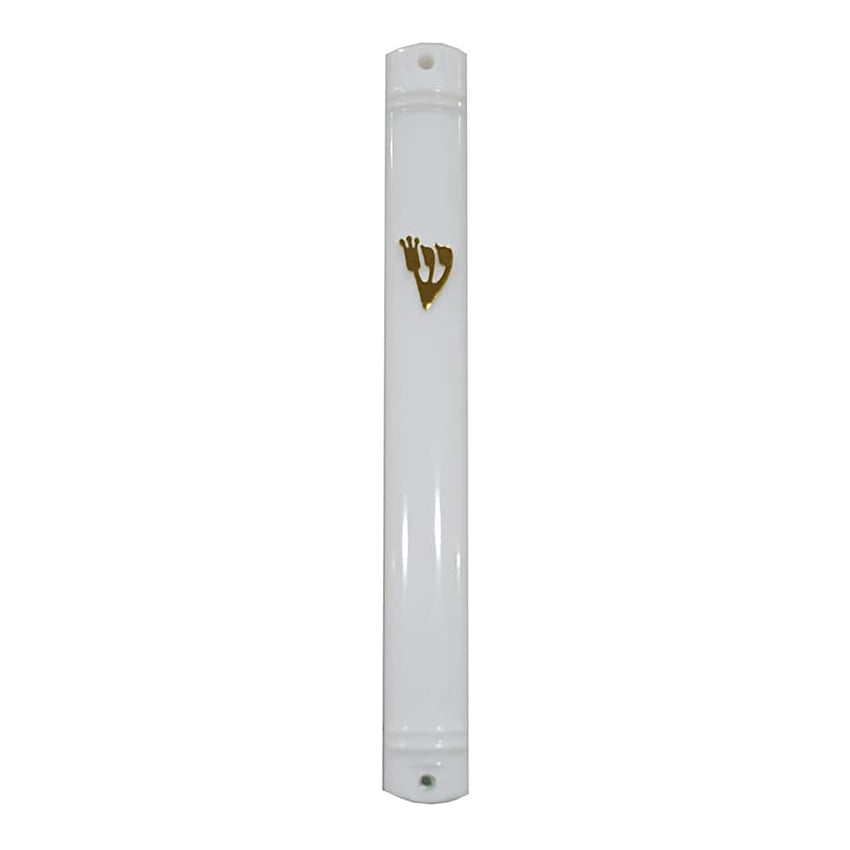 White plastic waterproof 15cm mezuzah case with gold shin