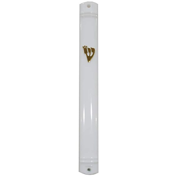 White plastic waterproof 15cm mezuzah case with gold shin
