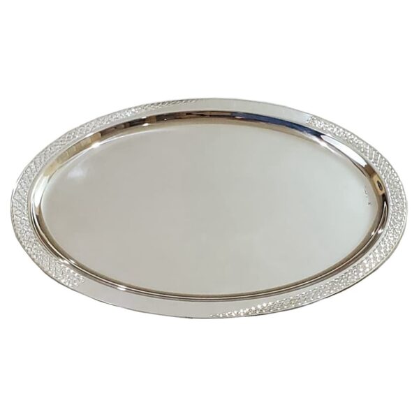 Oval silver kiddush tray with delicate diamond cut border