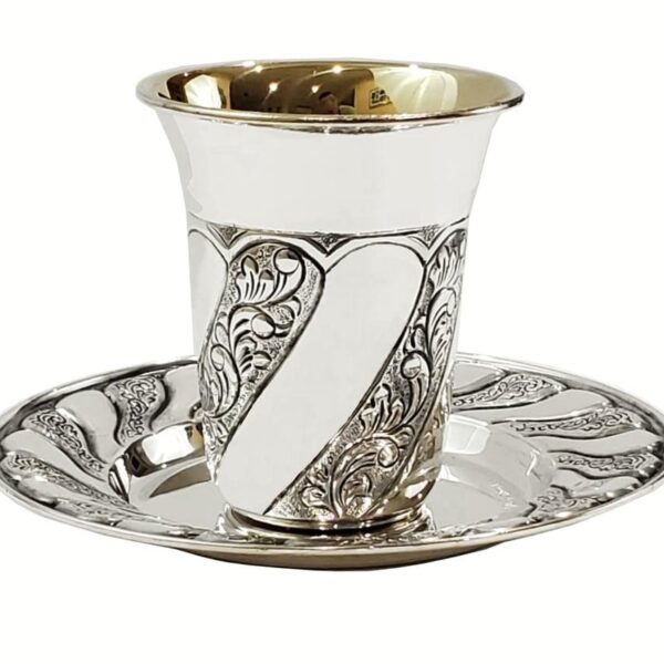 Hand chased silver kiddush set with modern swirl design