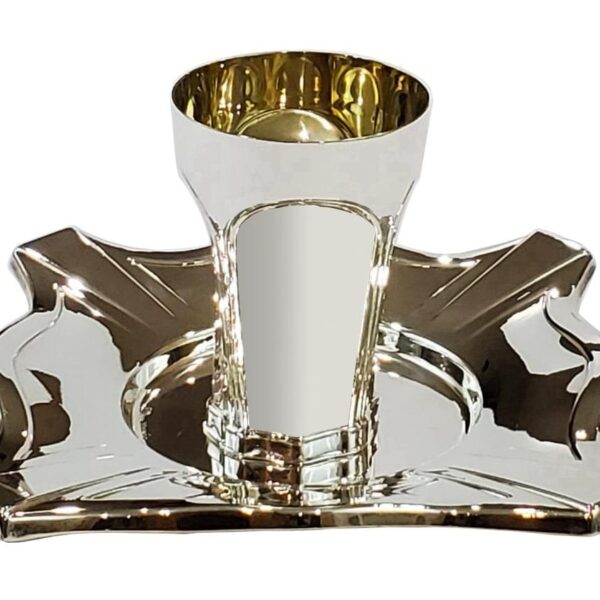 Modern smooth silver Kiddush cup set for groom with matching square saucer plate.