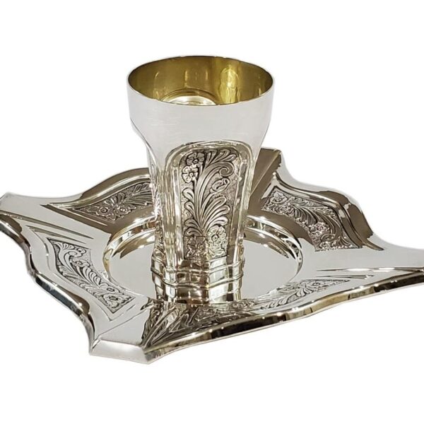Large modern silver Kiddush cup set for groom with matching square plate.