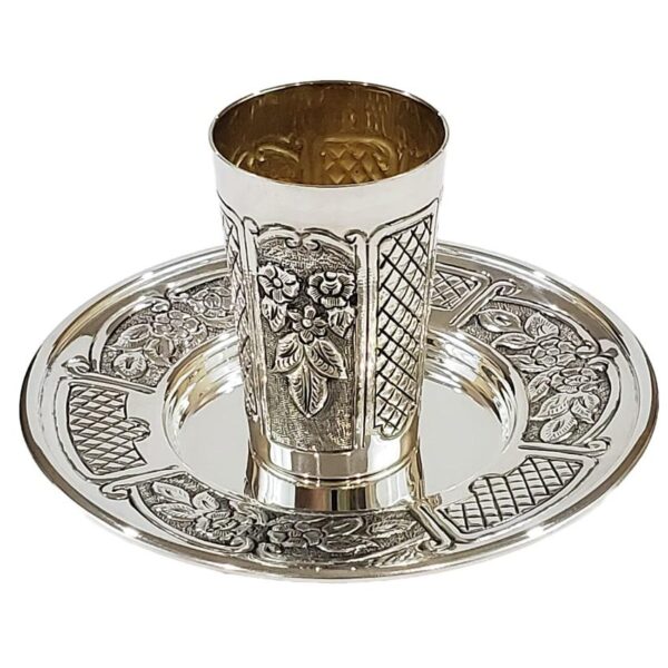 Stylish silver Kiddush cup set for Chatan with large matching saucer plate for groom.