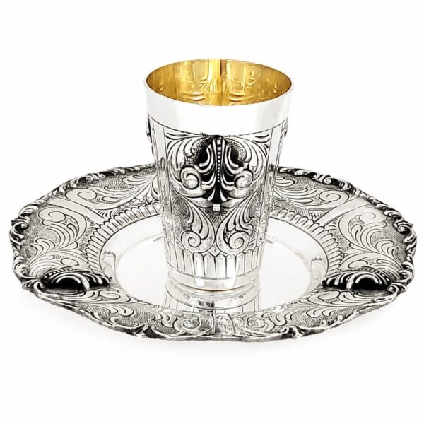 Regal Kiddush cup set with matching saucer plate - hand chased silver