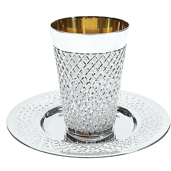 Delicate silver diamond cut kiddush cup set with matching saucer plate