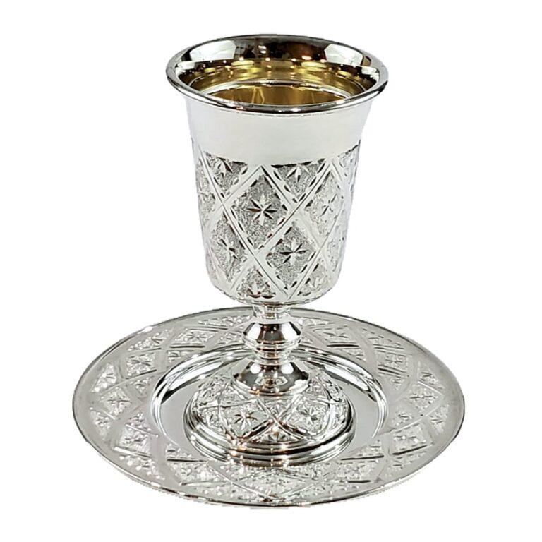Silver diamond cut kiddush goblet set with matching saucer plate