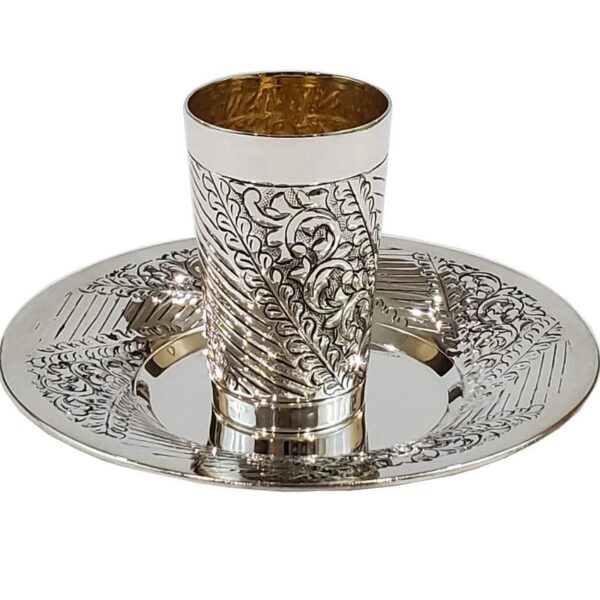 Stunning Kiddush cup set for Chatan with large matching saucer plate - hand chased silver