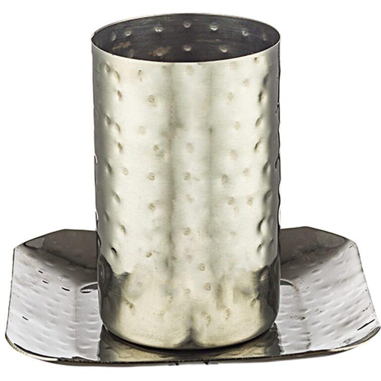 Stainless steel hammered design kiddush cup with square saucer plate