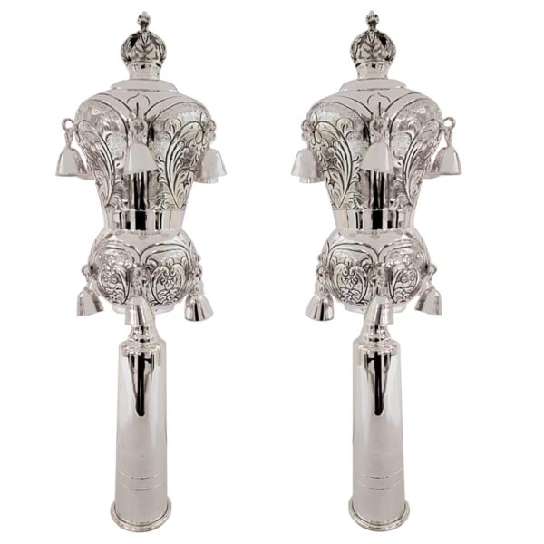 Set of silver rimonim for torah scroll - tapered gate design