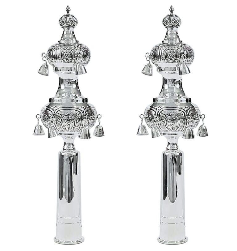 Set of silver rimonim for sefer torah - imperium gates design
