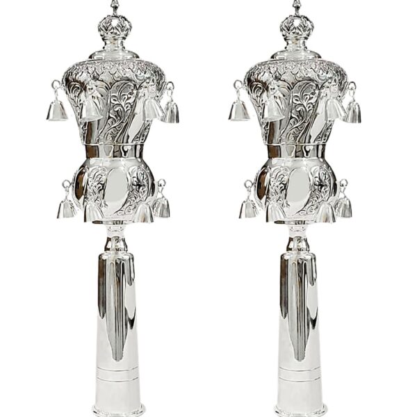 Set of silver rimonim for sefer torah - tapered diagonal flourish