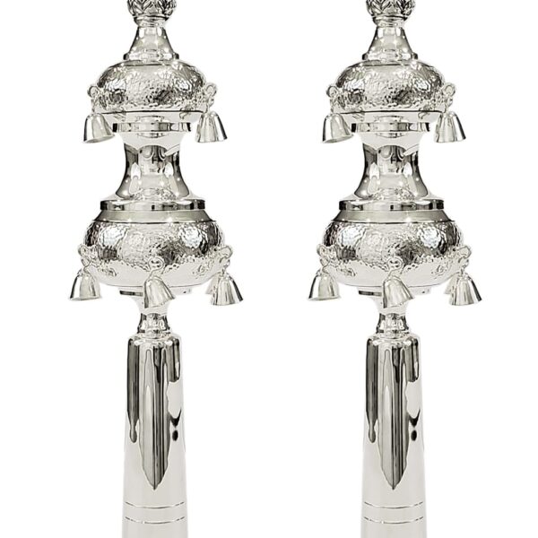Set of silver rimonim for torah scroll - hand hammered design