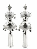 Set of silver rimonim for torah scroll - hand hammered design