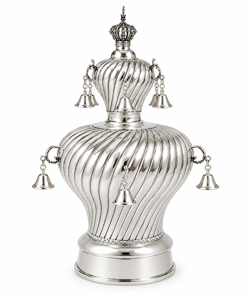 Stunning silver torah crown with hand chased spiral design