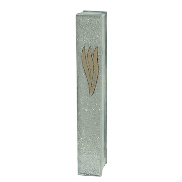 Silver glitter glass mezuzah case with mirror shin
