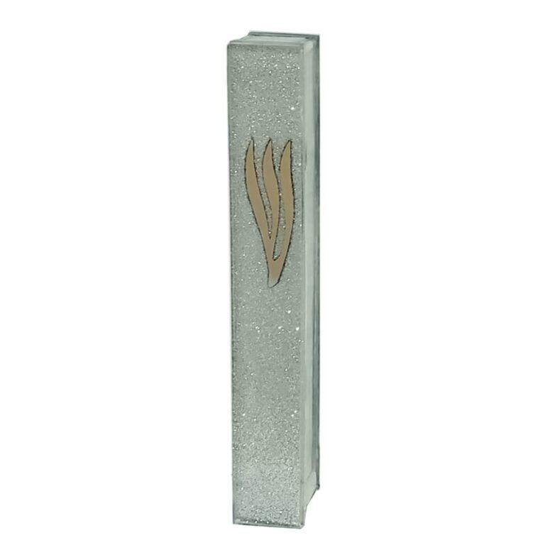 Silver glitter glass mezuzah case with mirror shin