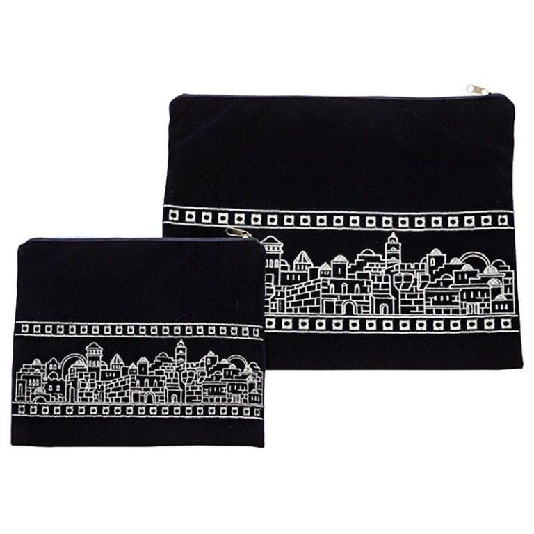 Tallit and tefillin velvet bag set with silver embroidery of Jerusalem city scape