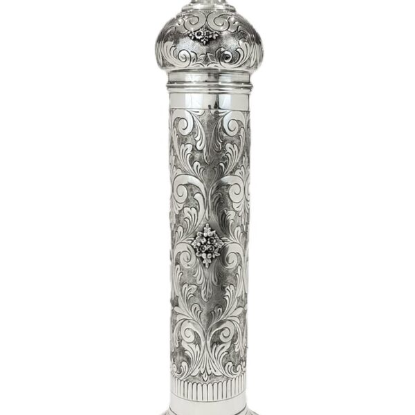 Silver megillah case with hand chased flourishes and floral apliques