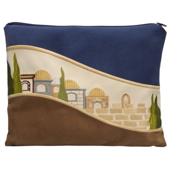 Suede look tefillin bag with colorful jerusalem motif