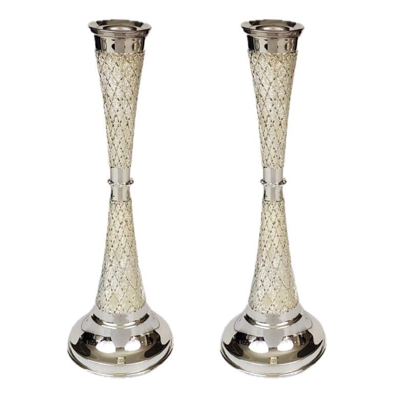 Modern set "konos" diamond cut silver candlesticks for Shabbat