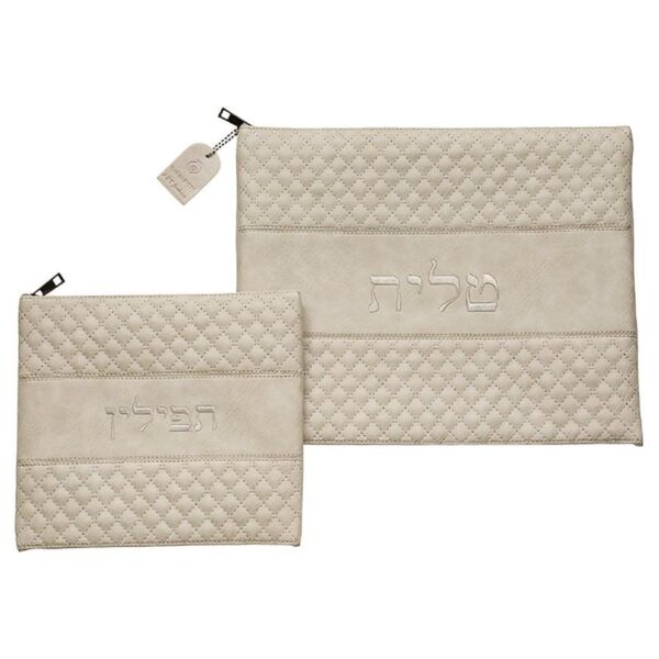 Light Gray Leatherette Talit and Tefillin bag set with embroidery
