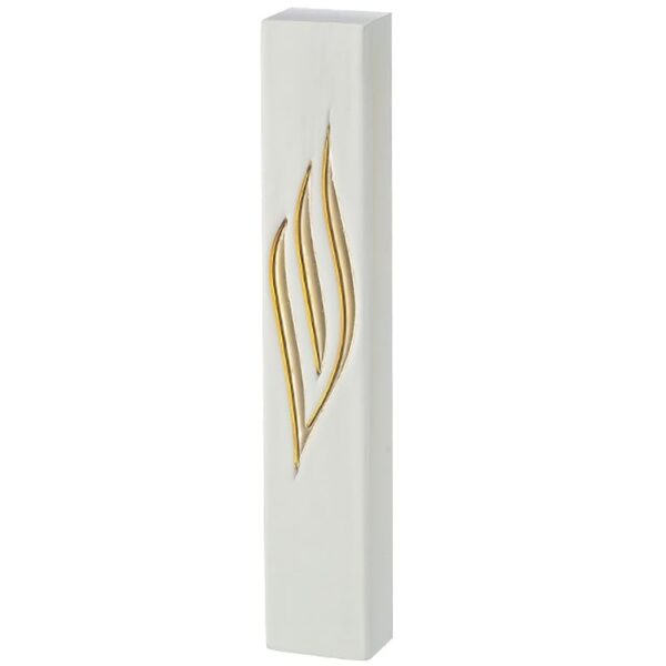 White 20cm polyresin mezuzah case with stylized golden shin
