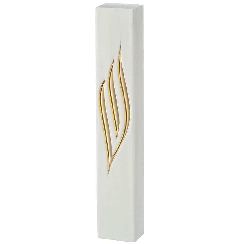 White 20cm polyresin mezuzah case with stylized golden shin