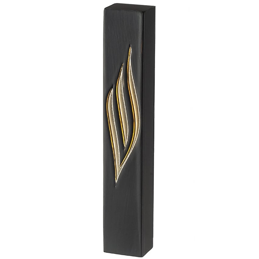 Black 20cm polyresin mezuzah case with stylized golden shin