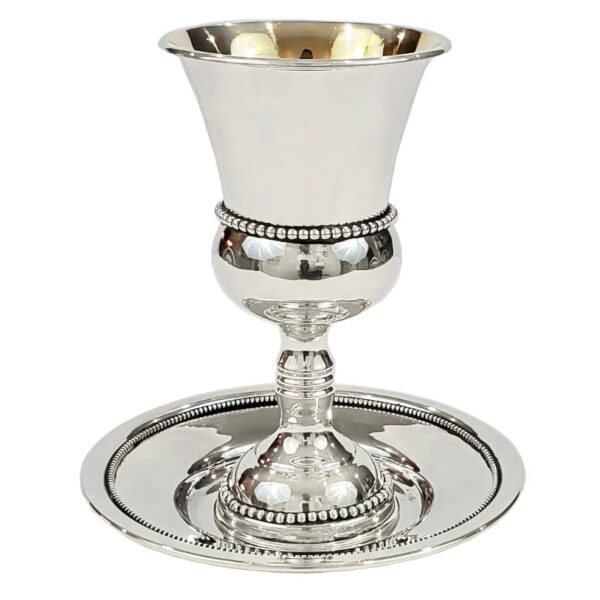 Modern smooth silver Kiddush goblet set for groom with matching saucer plate.