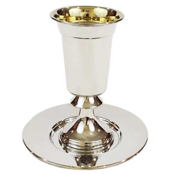 Modern smooth silver Kiddush goblet set for with matching saucer plate.