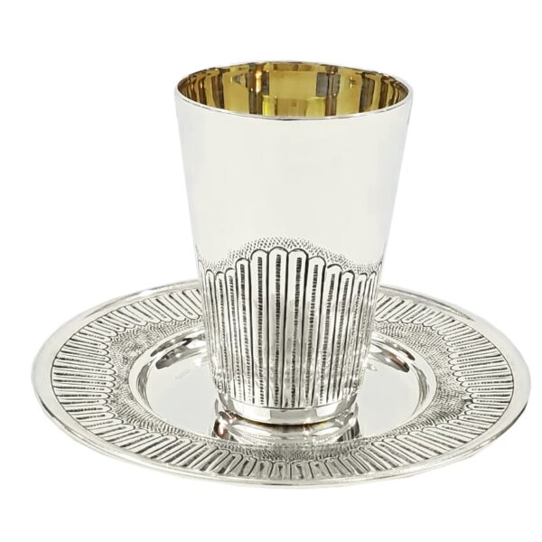 Modern Piccolo silver Kiddush cup set with matching saucer plate