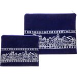 Blue velvet tallit and tefillin bag set with silver embroidery of Jerusalem city scape