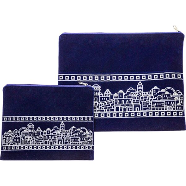 Blue velvet tallit and tefillin bag set with silver embroidery of Jerusalem city scape