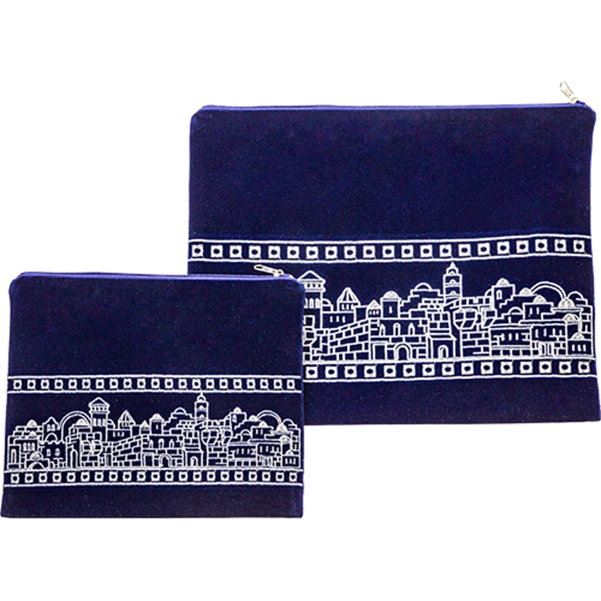 Blue velvet tallit and tefillin bag set with silver embroidery of Jerusalem city scape