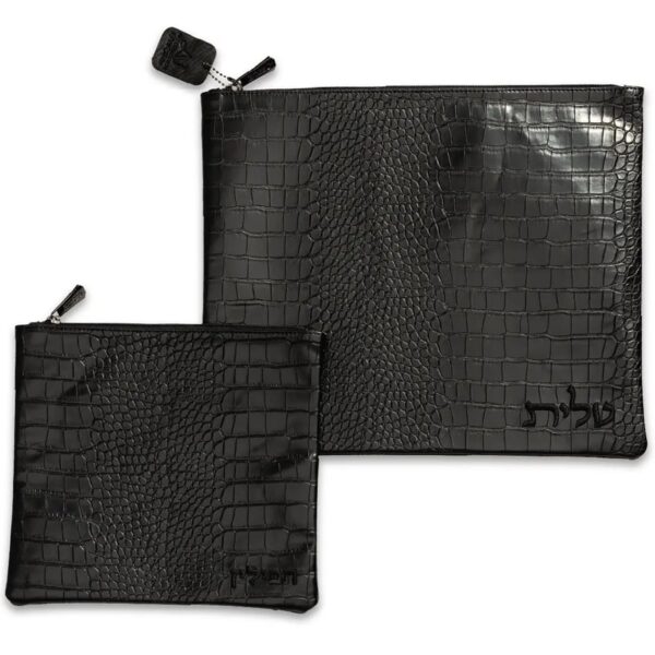 Black Crocodile Leatherette Tallit and Tefillin bag set