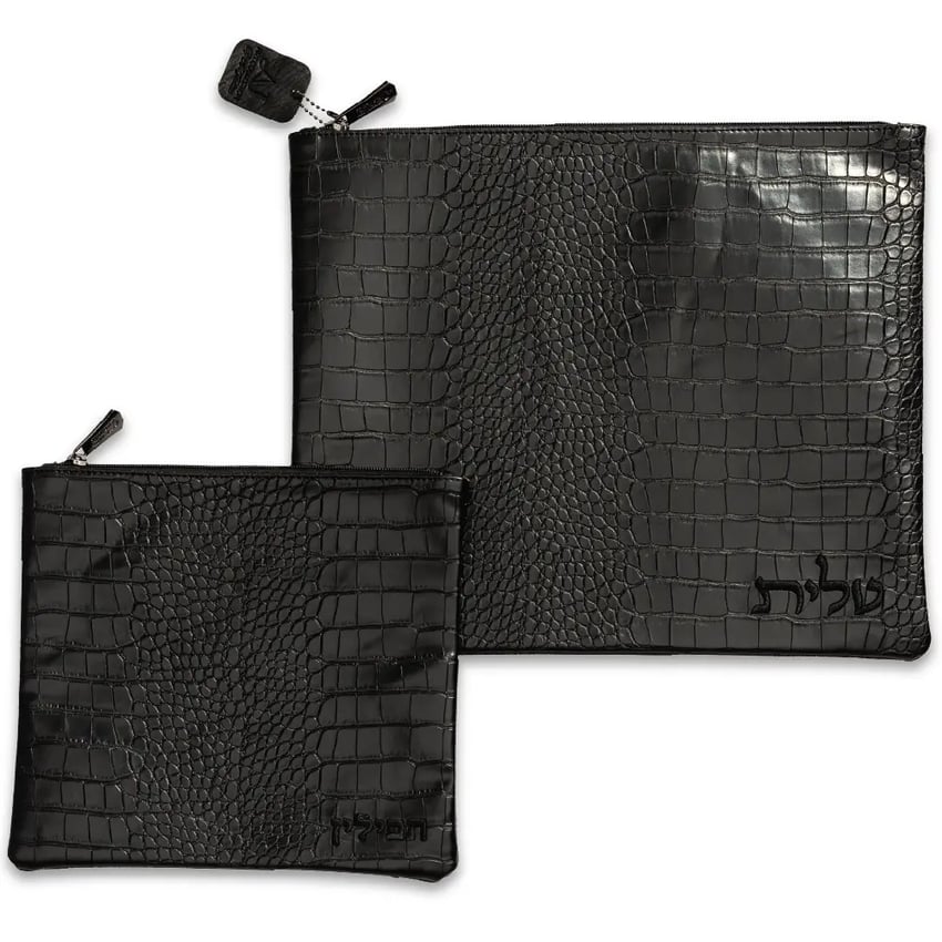 TTS-67833 Black Crocodile Leatherette Tallit and Tefillin bag set