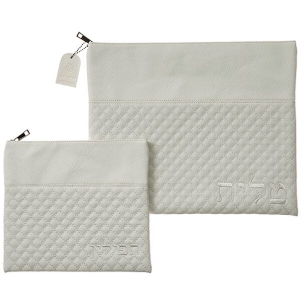 White Leatherette Talit and Tefillin Bag Set