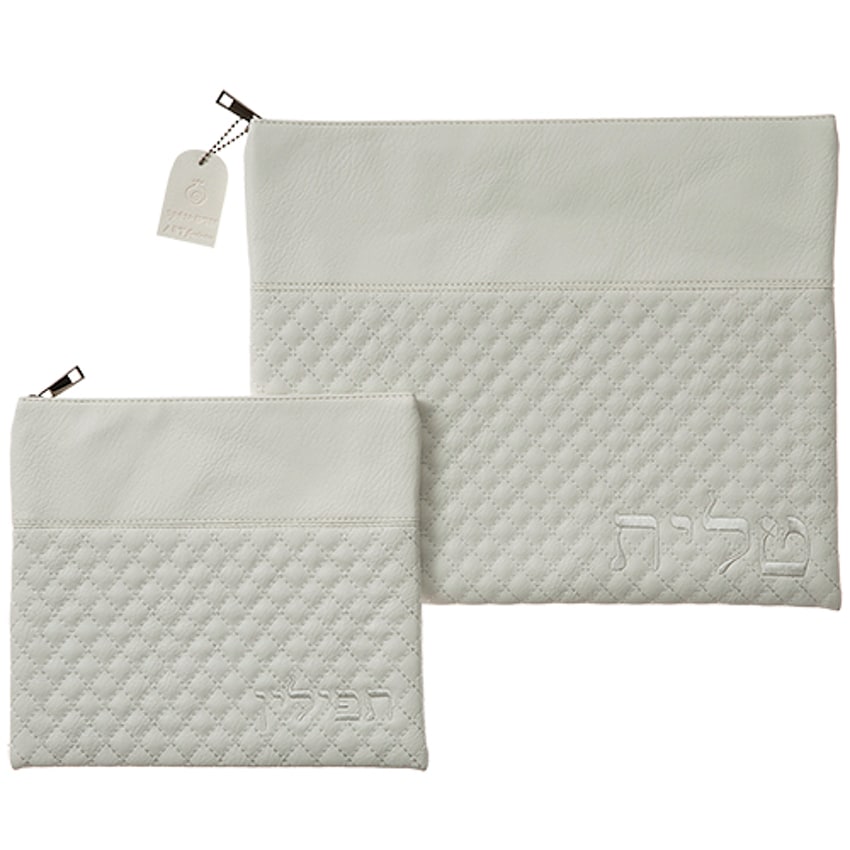 White Leatherette Talit and Tefillin Bag Set