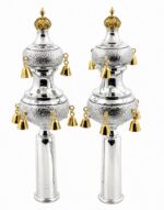 Gold and silver rimonim for torah scroll - hand hammered design