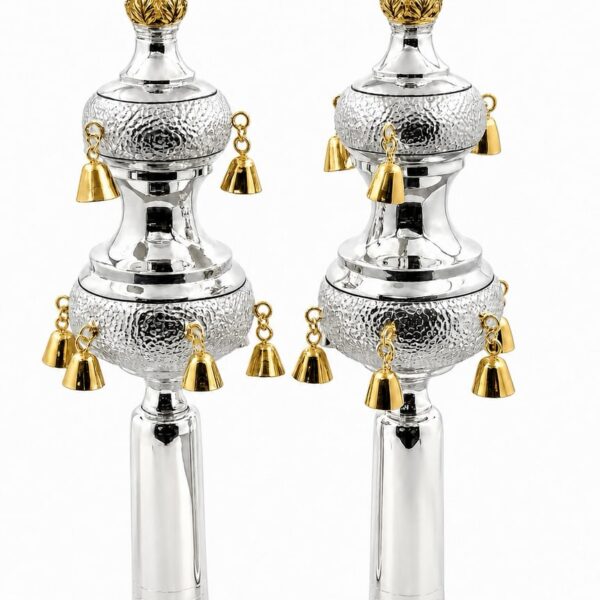 Gold and silver rimonim for torah scroll - hand hammered design