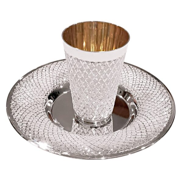Stylish fine diamond cut silver Kiddush cup set for Chatan with large matching saucer plate for groom.